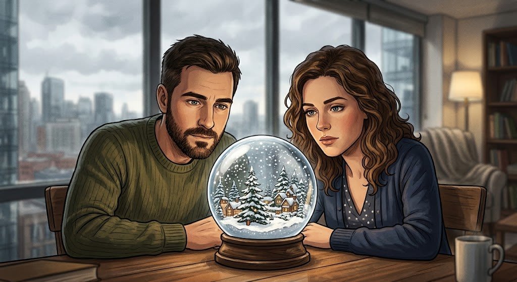 A man and woman in a modern urban apartment setting looking at a swirling snow globe representing navigating mental health crisis in therapy.